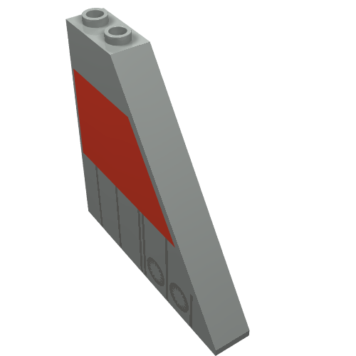 Rendu LDraw de Brique inclinée 55° 1 x 6 x 5 avec motif imprimé rouge et gris foncé (Brick Sloped 55° 1 x 6 x 5 with Red and Dark Gray Print), couleur indicative