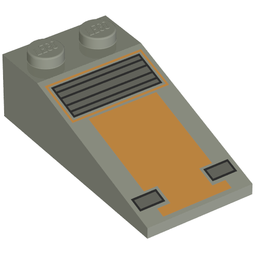 Rendu LDraw de Brique inclinée 18° 4 x 2 avec motif imprimé Rectangles orange et gris (Brick Sloped 18° 4 x 2 with Orange and Grey Rectangles Print), couleur indicative