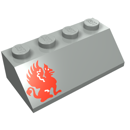 Rendu LDraw de Brique inclinée 45° 2 x 4 avec dragon rouge gauche motif imprimé (Brick Sloped 45° 2 x 4 with Red Dragon Left Print), couleur indicative