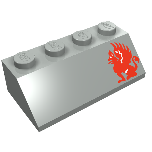 Rendu LDraw de Brique inclinée 45° 2 x 4 avec motif imprimé Dragon Rouge Droite (Brick Sloped 45° 2 x 4 with Red Dragon Right Print), couleur indicative