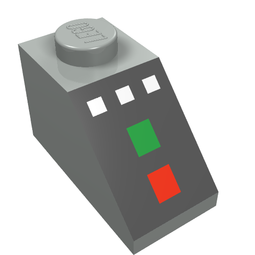 Rendu LDraw de Brique inclinée 45° 2 x 1 avec connecteur inférieure, avec 3 boutons blancs, motif imprimé Lampes rouges et vertes (Brick Sloped 45° 2 x 1 with Bottom pin, with 3 White Buttons, Red and Green Lamps Print), couleur indicative