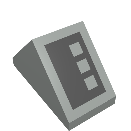 Rendu LDraw de Brique inclinée 45° 2 x 1 double avec double 3 boutons noir motif imprimé (Brick Sloped 45° 2 x 1 Double with Double 3 Button Black Print), couleur indicative