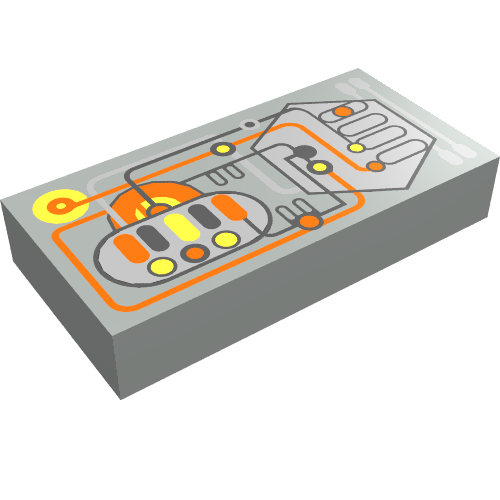 Rendu LDraw de Carreau 1 x 2 avec UFO contrôles motif imprimé (Tile 1 x 2 with UFO Controls Print), couleur indicative