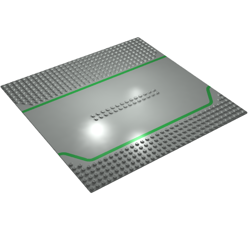 Rendu LDraw de Baseplate 32 x 32 split avec 2 x 14 tenons centraux, station-service avec lignes vertes motif imprimé (Baseplate 32 x 32 Split with 2 x 14 Center Studs, Service Station with Green Lines Print), couleur indicative