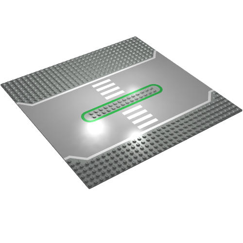 Rendu LDraw de Plaque de base 32 x 32 fendue avec 2 x 14 tenons centraux, lignes blanches et vertes motif imprimé (Baseplate 32 x 32 Split with 2 x 14 Center Studs, White and Green Lines Print), couleur indicative