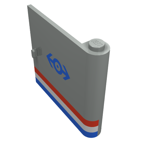 Rendu LDraw de Porte 1 x 5 x 4 droite avec motif imprimé rouge / blanc / bleu et bleu Train (Door 1 x 5 x 4 Right with Red/White/Blue Stripe & Blue Train Logo Print), couleur indicative