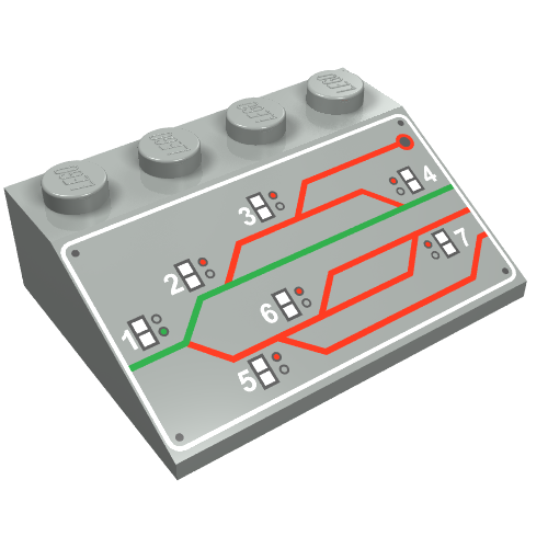 Rendu LDraw de Brique inclinée 33° 3 x 4 avec motif imprimé de commutation de rail de train (Brick Sloped 33° 3 x 4 with Train Railyard Switching Print), couleur indicative