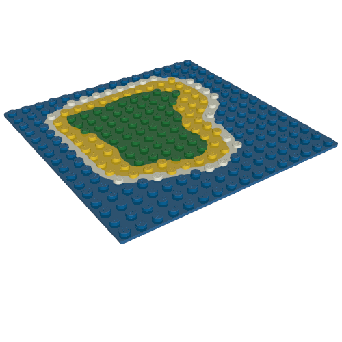 Rendu LDraw de Plaque de base 16 x 16 avec îlot sur fond bleu imprimé eau (Baseplate 16 x 16 with Island on Blue Water Print), couleur indicative