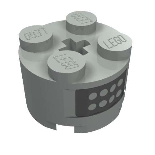 Rendu LDraw de Brique ronde 2 x 2 avec boutons sur panneau noir imprimé sur deux côtés (Brick Round 2 x 2 with Buttons on Black Panel Print on Two Sides), couleur indicative