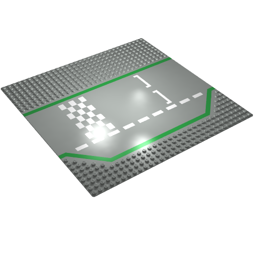 Rendu LDraw de Baseplate 32 x 32 Wide Road, 9-tenon avec 3 Lane Race Track Checker Print, couleur indicative