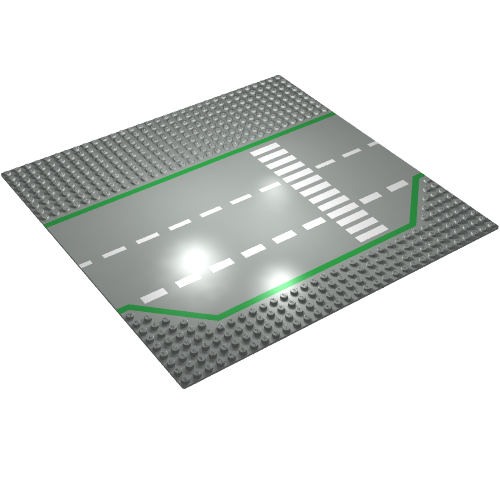 Rendu LDraw de Baseplate 32 x 32 Wide Road, 9-tenon avec 3 Lane avec Green Lines, White Dashed Lines, and Crosswalk Print, couleur indicative