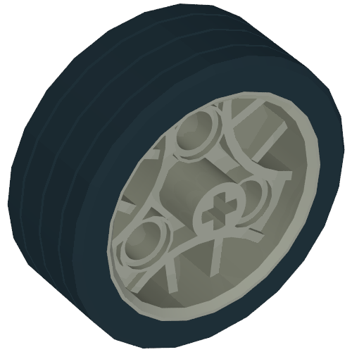 Rendu LDraw de Roue 36,8 x 14 ZR avec trou pour axe, 3 trous de goupille et pneu en caoutchouc noir collé (Wheel 36.8 x 14 ZR with Axle Hole, 3 Pin Holes, and Black Rubber Tyre Glued On), couleur indicative