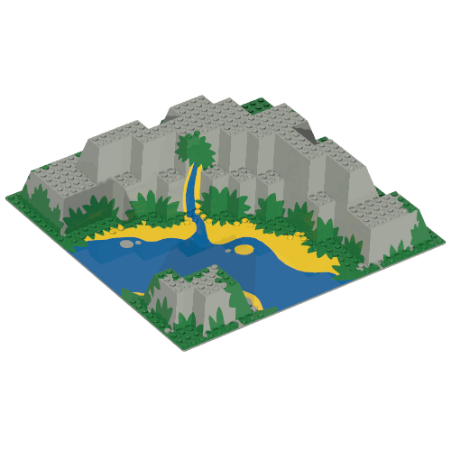 Rendu LDraw de Baseplate Raised 32 x 32 Canyon avec Blue and Yellow Stream Print, couleur indicative