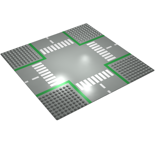Rendu LDraw de Plaque de base 32 x 32 avec carrefour à 9 branches et motif imprimé route (Baseplate 32 x 32 with 9-Stud Crossroads and Road Print), couleur indicative