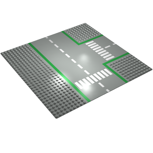 Rendu LDraw de Plaque de base 32 x 32 avec 9-tenon T Intersection avec motif imprimé route (Baseplate 32 x 32 with 9-Stud T Intersection with Road Print), couleur indicative