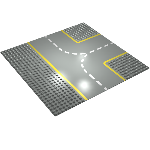 Rendu LDraw de Plaque de base 32 x 32 avec 9-tenon T Intersection avec motif imprimé lignes jaunes (Baseplate 32 x 32 with 9-Stud T Intersection with Yellow Lines Print), couleur indicative