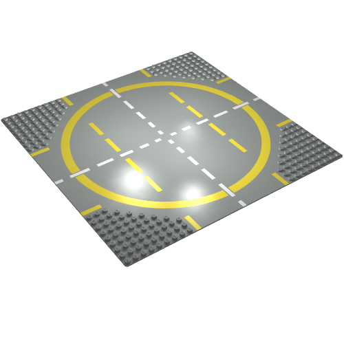 Rendu LDraw de Baseplate 32 x 32 avec 9-tenon Crossroads / Landing Pad avec Yellow Circle Print, couleur indicative