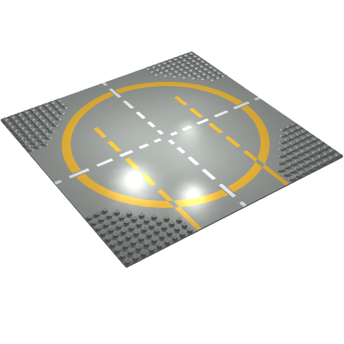 Rendu LDraw de Baseplate 32 x 32 avec 9-tenon Crossroads / Landing Pad avec Type 2 (Orange) Lines Print, couleur indicative