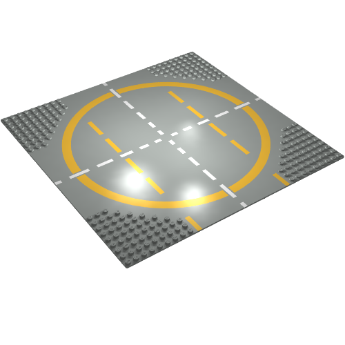 Rendu LDraw de Baseplate 32 x 32 avec 9-tenon Crossroads / Landing Pad avec Type 3 (Orange) Lines Print, couleur indicative