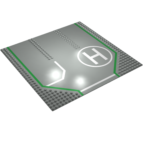 Rendu LDraw de Baseplate 32 x 32 avec 9-tenon Straight, 3-Lanes and Helicopter Pad Print, couleur indicative