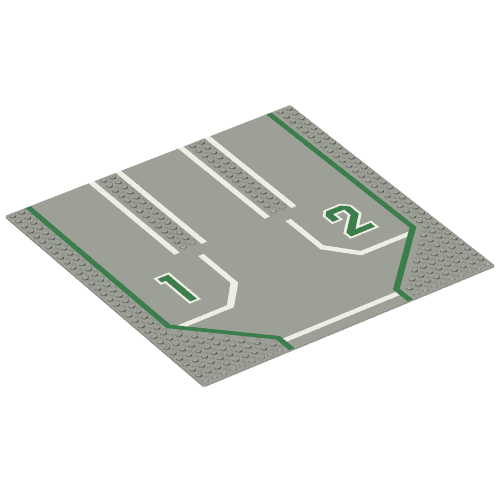 Rendu LDraw de Baseplate 32 x 32 avec 9-tenon Straight, 3-Lanes and Left '1', Right '2' Print, couleur indicative