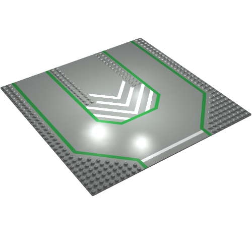 Rendu LDraw de Baseplate 32 x 32 avec 9-tenon Straight, 3-Lanes and Chevrons Print, couleur indicative
