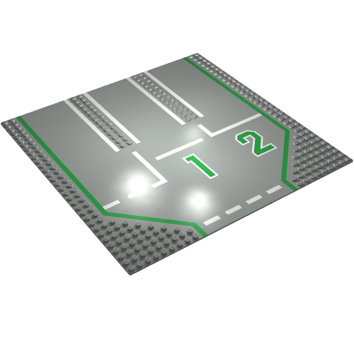 Rendu LDraw de Baseplate 32 x 32 avec 9-tenon Straight, 3-Lanes and Center '1' & Left '2', and White Lines Print, couleur indicative