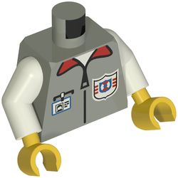 Torse, gilet avec logo de la garde côtière de sauvetage, badge d'identité, col rouge, motif imprimé à glissière, bras blancs, mains jaunes (Torso, Vest with Rescue Coast Guard Logo, ID Badge, Red Collar, Zipper Print, White Arms, Yellow Hands)