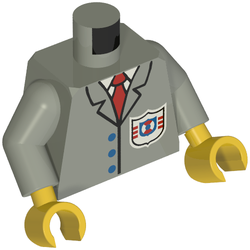 Rendu LDraw de Torse, Veste avec logo de la garde côtière de sauvetage, cravate rouge, motif imprimé boutons, bras gris clair, mains jaunes (Torso, Jacket with Rescue Coast Guard Logo, Red Tie, Buttons Print, Light Gray Arms, Yellow Hands), couleur indicative