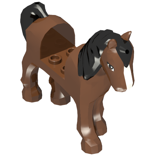 Rendu LDraw de Animal, Horse avec 2 x 2 Cutout, Brown Eyes, White Blaze Print and Black Mane & Tail Print, couleur indicative