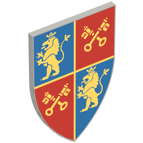 Rendu LDraw de Shield Triangular Long avec Gold Lion and Crossed Keys on Red and Blue Field Print, couleur indicative