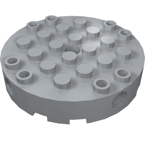 Rendu LDraw de Brique ronde 6 x 6 avec 4 trous d'connecteur latéraux et trou central (Brick Round 6 x 6 with 4 Side Pin Holes and Center Hole), couleur indicative
