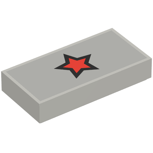 Rendu LDraw de Tuile 1 x 2 avec étoile rouge avec motif imprimé contour noir (Tile 1 x 2 with Red Star with Black Outline Print), couleur indicative