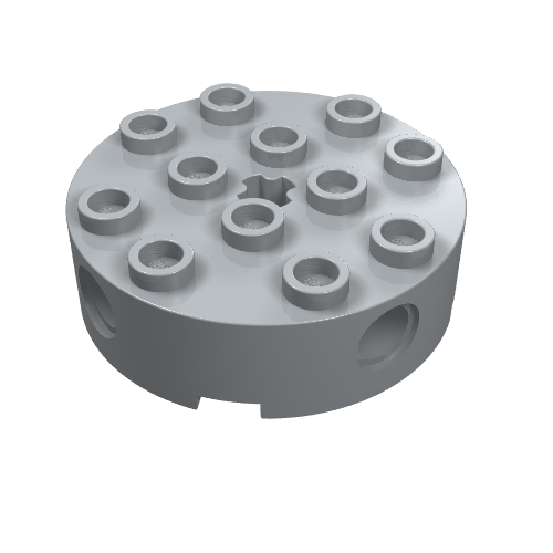 Rendu LDraw de Brique ronde 4 x 4 avec 4 trous d'axe latéraux et centre trou pour axe (Brick Round 4 x 4 with 4 Side Pin Holes and Center Axle Hole), couleur indicative