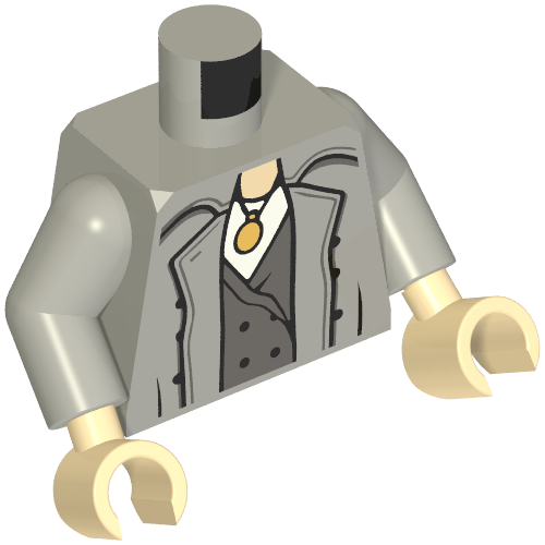 Rendu LDraw de Torse, trench-coat, devant avec boutons, gilet gris bleuté foncé, chemise blanche et médaillon doré imprimé, bras gris bleuté clair, mains nougat clair (Torso, Trench Coat, Front with Buttons, Dark Bluish Gray Vest, White Shirt and Gold Medallion Print, Light Bluish Gray Arms, Light Nougat Hands), couleur indicative