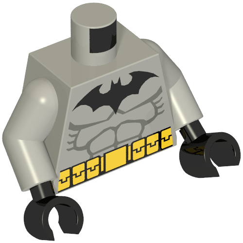 Torse, Batman Logo avec des muscles et la ceinture jaune motif imprimé, bras gris bleuté clair, mains noires (Torso, Batman Logo with Muscles and Yellow Belt Print, Light Bluish Gray Arms, Black Hands)
