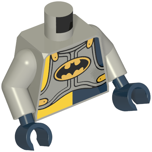 Torse, Plaques d'armure argentées avec logo Batman en or Motif imprimé ovale (Batman), bras gris bleuté clair, mains bleu foncé (Torso, Silver Armor Plates with Batman Logo in Gold Oval Print (Batman), Light Bluish Gray Arms, Dark Blue Hands)