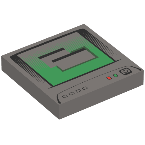 Rendu LDraw de Tuile 2 x 2 avec écran d'ordinateur, blanc Commutateur Icône imprimé (Tile 2 x 2 with Computer Monitor, White Power Switch Icon Print), couleur indicative