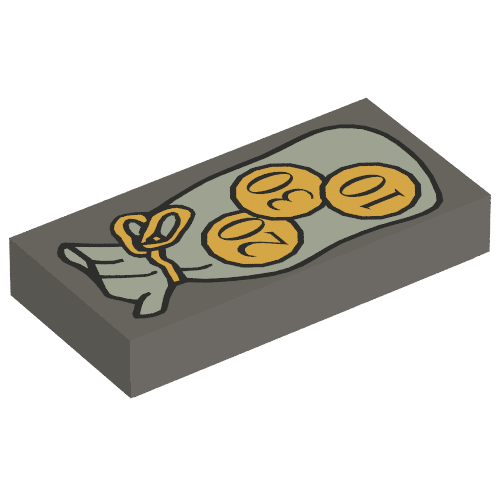 Rendu LDraw de Tuile 1 x 2 avec Sac et Pièces motif imprimé (Tile 1 x 2 with Bag and Coins Print), couleur indicative