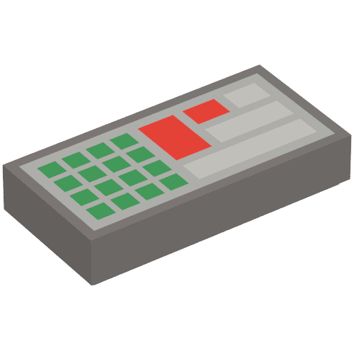 Rendu LDraw de Tuile 1 x 2 avec rectangles verts, rouges et gris clair (Tile 1 x 2 with Green, Red and Light Bluish Gray Rectangles), couleur indicative