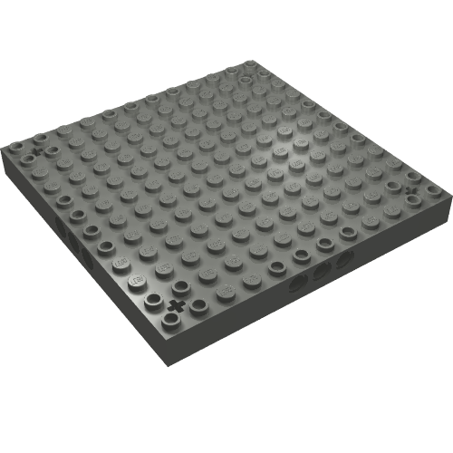 Rendu LDraw de Brique Spécial 12 x 12 avec 3 trous de connecteur de chaque côté et des trous d'axe dans les coins (Brick Special 12 x 12 with 3 Pin Holes on Each Side and Axle Holes in Corners), couleur indicative