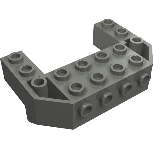 Rendu LDraw de Brique spéciale, train avant base inclinée coincée avec 4 tenons sur le devant et 2 x 4 découpe (Brick Special, Train Front Sloping Base Wedged with 4 Studs on Front and 2 x 4 Cutout), couleur indicative