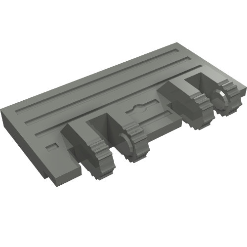 Rendu LDraw de Charnière porte de train 2 x 4 verrouillage double 2 doigts sans renforts arrière, 7 dents (Hinge Train Gate 2 x 4 Locking Dual 2 Fingers without Rear Reinforcements, 7 Teeth), couleur indicative