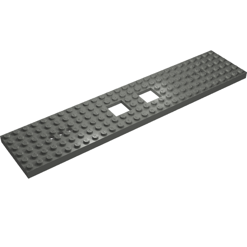 Rendu LDraw de Base de véhicule, train 6 x 28 avec deux ouvertures 2 x 2 et 3 trous ronds à chaque extrémité (Vehicle Base, Train 6 x 28 with Two 2 x 2 Openings and 3 Round Holes Each End), couleur indicative
