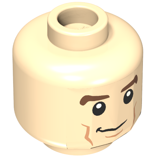 Tête de minifigurine chevalier michael, sourcils bruns, traits sur les joues, motif : sourire / sourire montrant les dents (Minifig Head Michael Knight, Brown Eyebrows, Cheek Lines, Smile / Smile with Teeth Print)