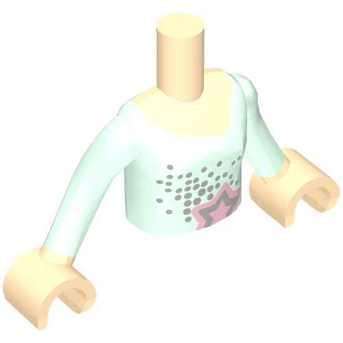Rendu LDraw de Mini-poupée torse fille avec blouse à manches longues vert d’eau lumière avec des points et motif imprimé étoiles, mains nougat clair (Minidoll Torso Girl with Light Aqua Long Sleeve Blouse with Dots and Star Print, Light Nougat Hands), couleur indicative