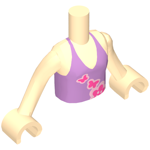 Rendu LDraw de Torse de mini-poupée Fille avec Halter moyen de lavande, papillons roses foncés, motif imprimé de fleurs, bras et mains nougat clair (Minidoll Torso Girl with Medium Lavender Halter Top, Dark Pink Butterflies, Flowers Print, Light Nougat Arms And Hands), couleur indicative