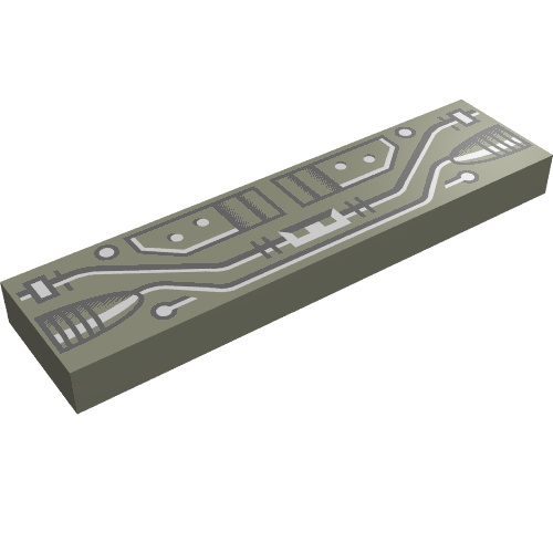 Rendu LDraw de Tuile 1 x 4 avec motif imprimé Circuits noir et cuivre (Tile 1 x 4 with Black and Copper Circuits Print), couleur indicative