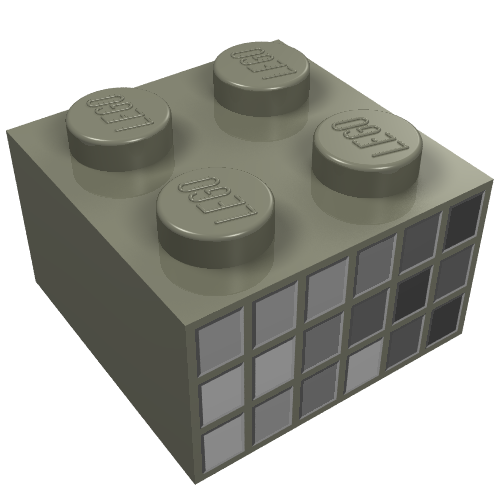 Rendu LDraw de Brique 2 x 2 avec des carrés gris sur 2 côtés motif imprimé (Brick 2 x 2 with Gray Squares on 2 Sides Print), couleur indicative