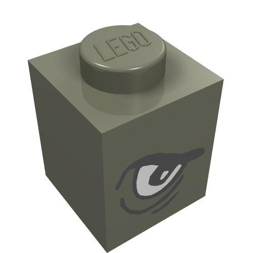 Rendu LDraw de Brique 1 x 1 avec l'œil en colère gauche / œil triste droit motif imprimé (Brick 1 x 1 with Angry Eye Left / Sad Eye Right Print), couleur indicative